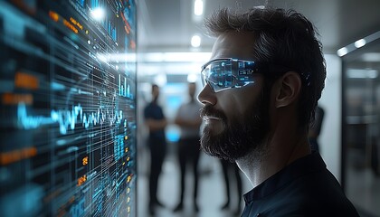 A bearded man with smart glasses looks at data displays