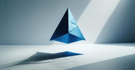 Paper cutout of floating tetrahedron casting perfect shadow below deep navy and bright silver symbolizing precision and depth