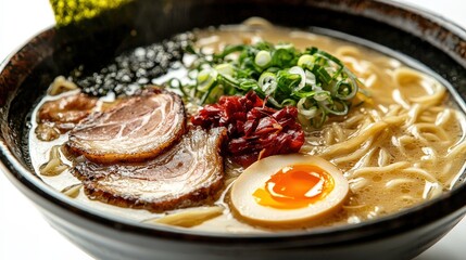 Stunning close-up of tonkotsu ramen bowl showcasing rich milky broth, fresh ingredients, and perfectly cooked noodles