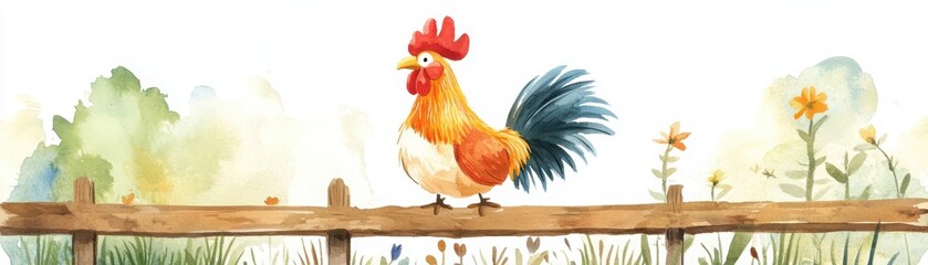 Fototapeta premium A colorful watercolor illustration of a rooster perched on a wooden fence, surrounded by soft green foliage and flowers, evoking a serene rural vibe.