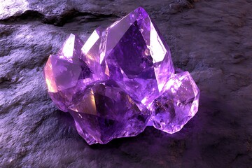 Sparkling purple crystal cluster on rough stone background, close up, for minerals