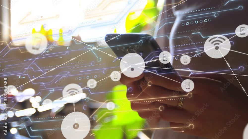 Poster using smartphone with digital network and animation icons overlay in school