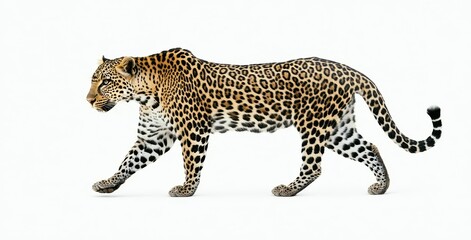 Fototapeta premium Majestic leopard walking gracefully against a clean white background showcasing its stunning coat and powerful physique with a blend of elegance and strength