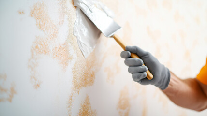 worker hand skillfully applies plaster to wall, showcasing process of wall preparation. focus on hand and tool highlights craftsmanship involved in home improvement
