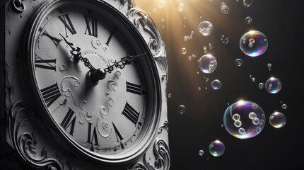 An antique clock face, adorned with intricate details, is captured against a dark backdrop, with iridescent bubbles floating nearby, suggesting the ephemeral nature of time.