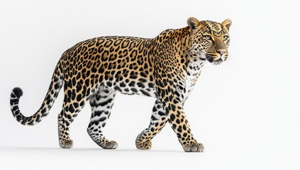 Obraz premium Majestic leopard walking gracefully on a seamless white background, showcasing its stunning coat and powerful physique in a natural pose