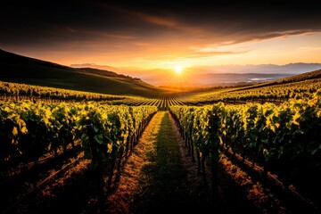 Fototapeta premium A picturesque vineyard during harvest season, with rows of grapevines stretching into the distance under a golden sunset