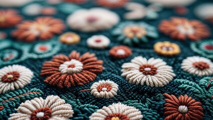 Hand embroidered floral textile texture close up warm color palette detailed pattern