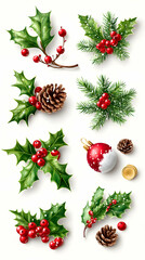 Festive winter plants, berries, and ornaments