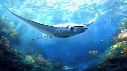 Naklejka premium Majestic Manta Ray Gracefully Gliding Through Vibrant Coral Reef