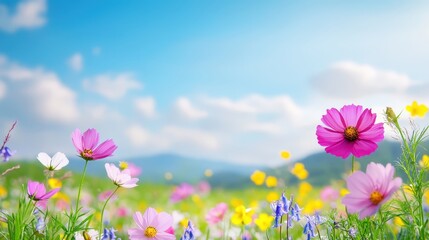 Fototapeta premium A vibrant field of colorful flowers against a bright blue sky, creating a serene and cheerful spring atmosphere.
