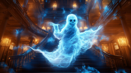 ghostly figure appears in grand staircase, illuminated by eerie lighting, creating haunting atmosphere. ethereal presence adds mystical touch to opulent surroundings
