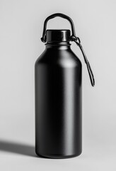 Black metal water bottle on plain background