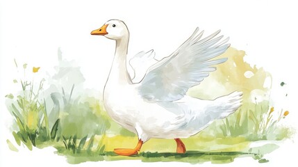Obraz premium A graceful white goose spreads its wings in a vibrant, green field, embodying tranquility and nature's beauty.