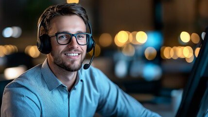 cheerful man wearing headset smiles while working at call center, surrounded by soft, warm lights in background. His friendly demeanor creates welcoming atmosphere