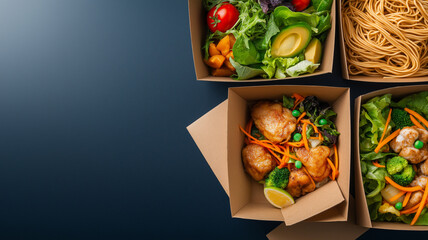 Delicious food delivery in paper boxes featuring fresh salads, chicken, and noodles. Perfect for quick meal or catering event, showcasing vibrant colors and healthy options