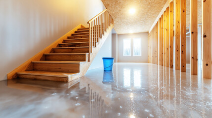 Modern basement interior with wooden stairs and flooded floor, showcasing blue bucket. space is bright and airy, featuring natural light from large windows