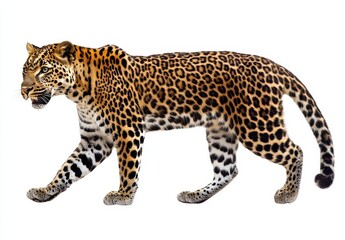 Majestic Leopard Walking Gracefully Through a Natural Habitat with Striking Spots and Captivating Gaze, Isolated on a White Background