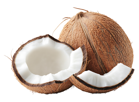 Coconut on a transparent background showing fresh tropical fruit and hard brown shell