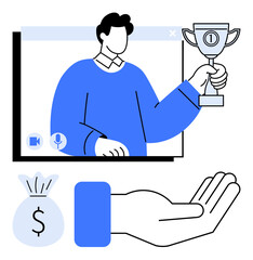 Person holding a trophy in a video call window symbolizes recognition. Below, a money bag and an outstretched hand represent support, reward, and encouragement. Ideal for teamwork, achievement