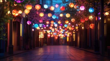 Naklejka premium Colorful lanterns illuminate a night street lined with buildings and trees