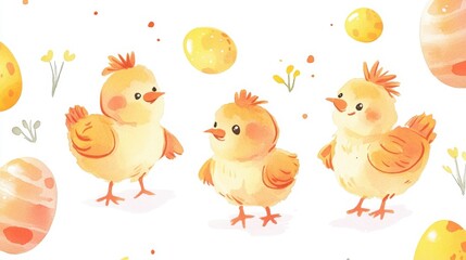 A cheerful illustration featuring three cute chicks and colorful eggs, perfect for celebrating Easter or spring themes.