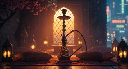 Relaxing Smoking Hookah Indoors with Lanterns and Rainy City View
