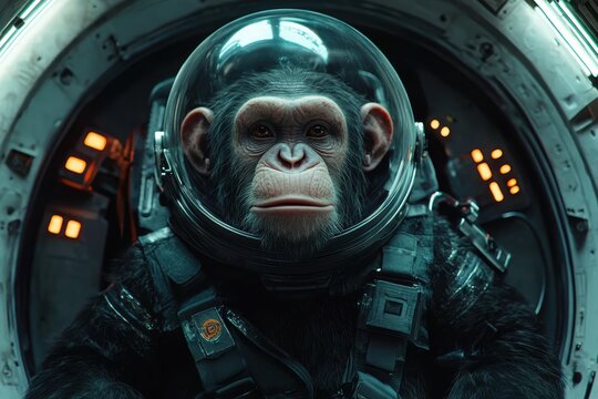 Chimpanzee Astronaut in Spaceship Cockpit - Powered by Adobe