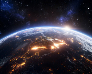 Obraz premium Earth from space, sunrise, glowing city, futuristic view, stock photo