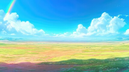 Obraz premium Serene Rainbow Over Vast Prairie Landscape
