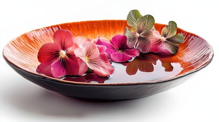 Beautiful bowl of fresh flowers floating in water, adding a touch of elegance to the luxurious dining experience
