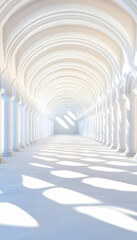 Empty white arched hallway, sunlight streaming, architectural background, possible use for interior design, posters, or wallpaper