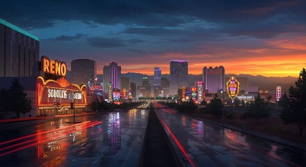 Obraz premium Reno Nevada Cityscape Illuminated at Sunset with Light Trails After Rain