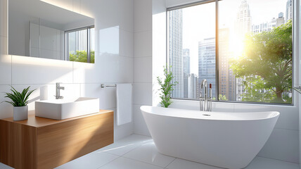 Fototapeta premium Modern bathroom interior with large window, natural light, and city view. Features freestanding bathtub, wooden vanity, and greenery for serene atmosphere