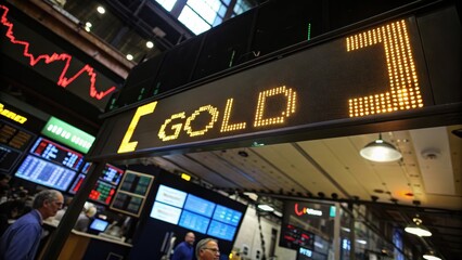 Gold trading display at a financial market with digital screens and graphs.