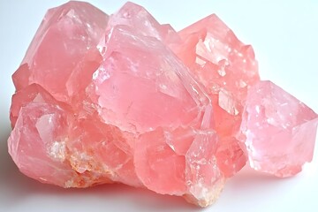 Fototapeta premium Close-up of pink quartz crystal cluster, isolated on a white background, for geology