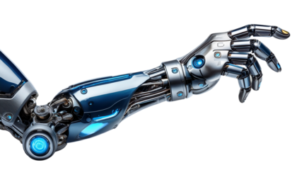 Futuristic Robotic Arm, a sleek, high-tech robotic arm with multiple joints, metallic plating, and glowing blue accents, isolated on transparent background png
