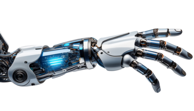 Futuristic Robotic Arm, a sleek, high-tech robotic arm with multiple joints, metallic plating, and glowing blue accents, isolated on transparent background.