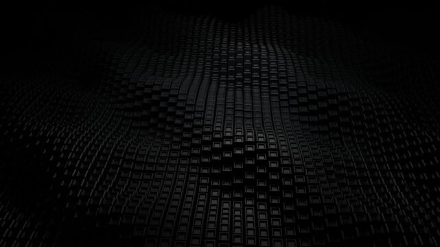 Looping abstract background with black scifi technology cubic surface. 3d loop animation with box particles. Seamless technology composition. 4K