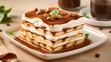 Delicious tiramisu dessert with layers of cream and coffee flavors