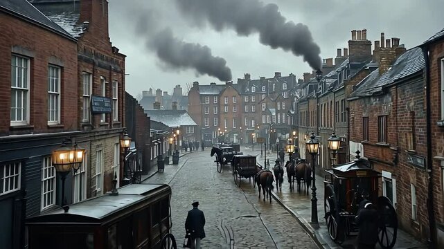 Victorian Streets Experiencing a Rainy Day in Historical Englands Atmosphere