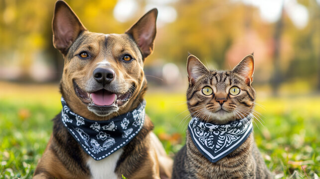 Smiling dog and cat wearing matching bandanas in autumn
