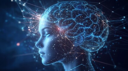A futuristic 3D-rendered diagram of the female brain, glowing with neural connections and AI-assisted brain activity mapping