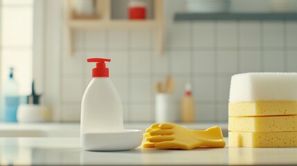 Kitchen cleaning supplies, countertop,  yellow sponge, white bottle