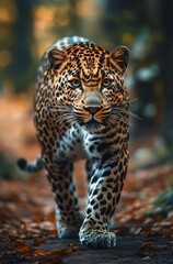 Obraz premium Majestic Leopard Walking Through a Forest Path Surrounded by Colorful Autumn Foliage, Capturing Wildlife in Its Natural Habitat
