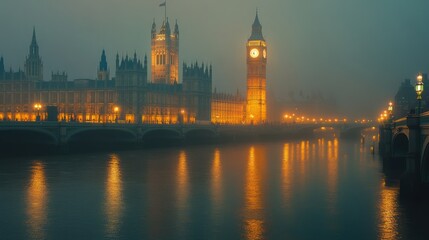 Fototapeta premium Mystical panorama of London: Big Ben and the Houses of Parliament shrouded in fog