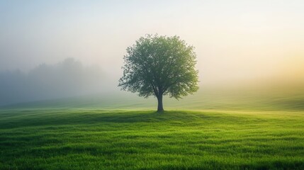 Obraz premium Solitary Tree in a Misty Meadow at Dawn