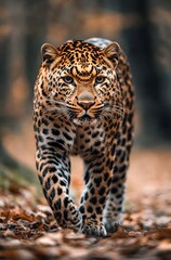 Naklejka premium Majestic Leopard Walking Through Forest with Striking Spots and Intense Gaze, Capturing the Essence of Wild Beauty in Nature's Habitat