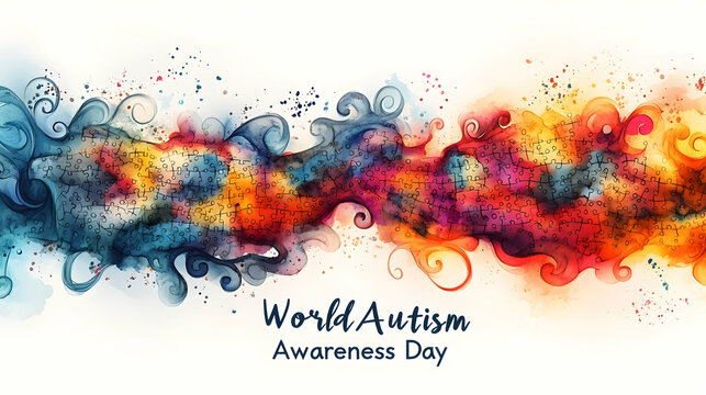 "World Autism Awareness Day" in embossed hand-drawn typography curving around a softly lit world with abstract puzzle swirls, solid white background