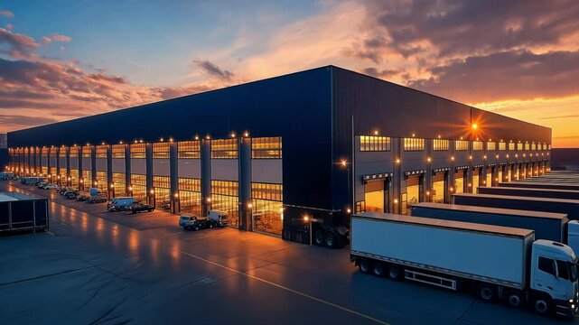 Solar-powered warehouse with loading docks for goods trucks